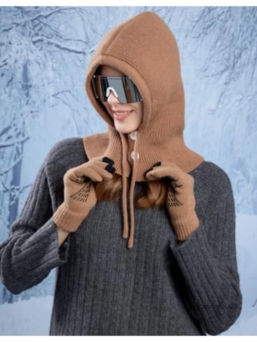 Winter Knit Balaclava & Gloves Set with Buttoned Mouth Cover